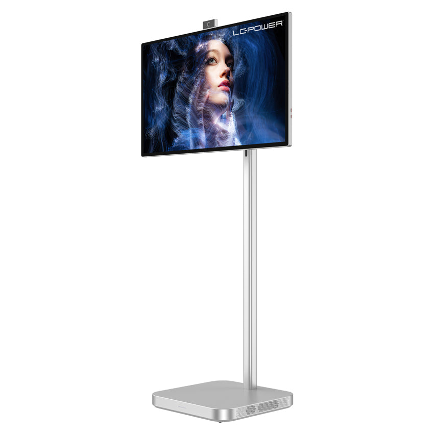 LC-M32S4K NEXT2U 31.5" 4K mobiele slimme monitor van LC-Power op een metalen standaard, haarscherpe beelden geschikt voor werk en entertainment