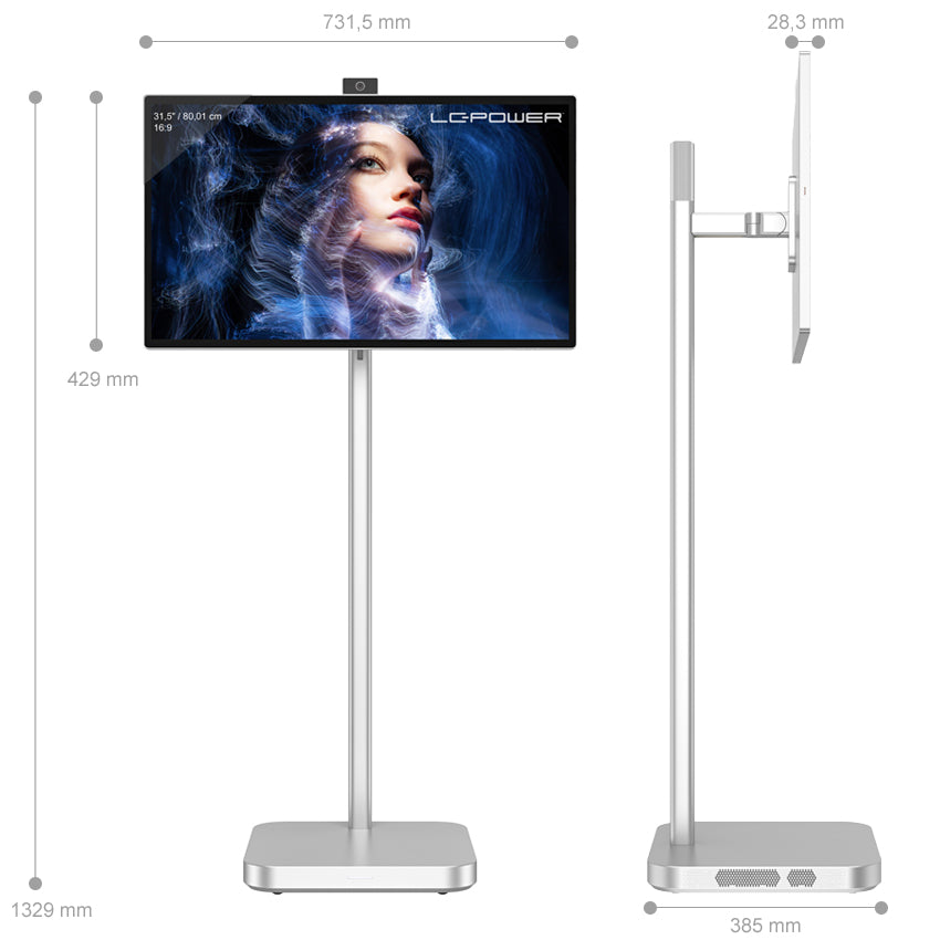 LC-M32S4K NEXT2U 31.5-inch 4K mobiele slimme monitor op standaard, met afmetingen en zijaanzicht.