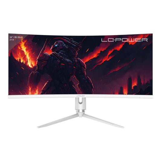 LC-Power LC-M34-QC-PRO 34" Ultra Wide Quad HD monitor with a gaming display featuring vivid graphics and a sleek white stand.