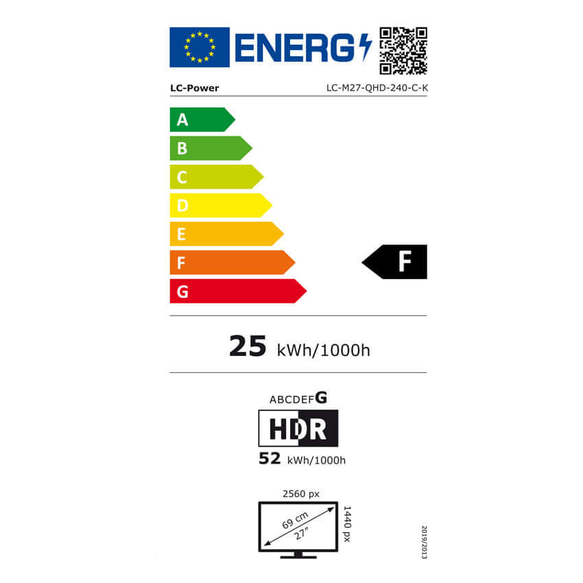 Energy label for LC-M27-QHD-240-C-K 27" gaming monitor displaying F rating, 25 kWh/1000h consumption, HDR, and 2560x1440 resolution.