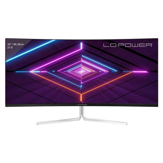 LC-Power 34" Ultra-wide Curved PC Monitor displaying vibrant geometric LED lights in a dark setting